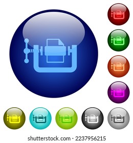 File compression solid icons on round glass buttons in multiple colors. Arranged layer structure