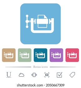 File compression solid white flat icons on color rounded square backgrounds. 6 bonus icons included