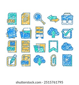 Datei Computer digitales Dokument doodle Symbole Vektor setzen. Skizze Linie Kunst Grafik und Video elektronische Datei laden Upload in Cloud-Speicher-Rechenzentrum, Übertragung in Internet-Farbabbildungen teilen