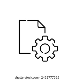 Dateikonfiguration und Dokumenteinstellungen. Dateisymbol und Zahnrad. Pixel perfekter, bearbeitbarer Strichvektor