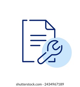 File configuration and maintenance tools. File symbol and wrench. Pixel perfect, editable stroke icon