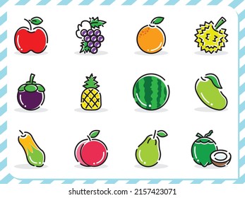 The file contains 12 kinds of fruits: apples, grapes, oranges, durians, mangosteens, pineapples, watermelons, mangos, papayas, peaches, guavas and coconuts.