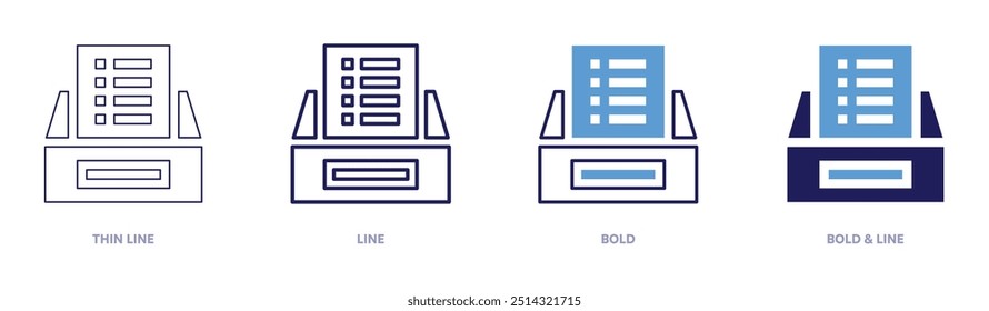 Icono de depuración de archivos en 4 estilos diferentes. Línea delgada, línea, negrita y línea negrita. Estilo duotono. Trazo editable.