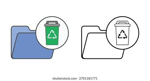 Ícone da lixeira de arquivos com uma pasta com uma pequena lixeira ao lado dela. Ideal para conceitos de limpeza digital, gerenciamento de armazenamento e organização de arquivos.