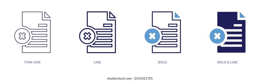 Icono de eliminación de archivos en 4 estilos diferentes. Línea delgada, línea, negrita y línea negrita. Estilo duotono. Trazo editable.