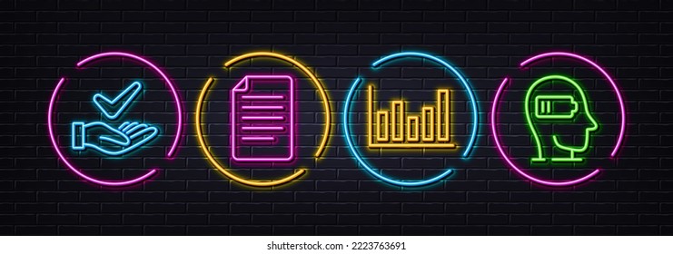 File, Dermatologically tested and Column chart minimal line icons. Neon laser 3d lights. Weariness icons. For web, application, printing. Paper page, Organic, Financial graph. Mind fatigue. Vector