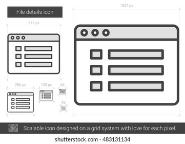 Archivo detalles del icono de línea vectorial aislado en fondo blanco. Icono de línea de detalles de archivo para infografía, sitio web o aplicación. Icono escalable diseñado en un sistema de cuadrícula.