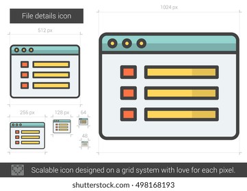 Archivo detalles del icono de línea vectorial aislado en fondo blanco. Icono de línea de detalles de archivo para infografía, sitio web o aplicación. Icono escalable diseñado en un sistema de cuadrícula.