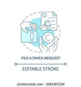 File DMCA request blue concept icon. Content protection abstract idea thin line illustration. Protect copyrighted content. Legal liability. Vector isolated outline color drawing. Editable stroke