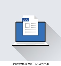 Icono de archivo DOC en la ilustración de pantalla del portátil. Extensión de formato del símbolo del documento