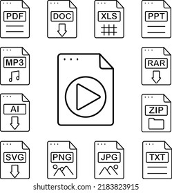 Archivo, documento, flecha, icono de reproducción en una colección con otros elementos