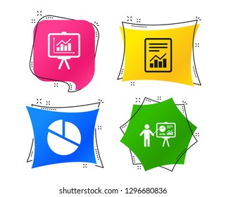 File document with diagram. Pie chart icon. Presentation billboard symbol. Supply and demand. Geometric colorful tags. Banners with flat icons. Trendy design. Vector