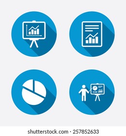 File document with diagram. Pie chart icon. Presentation billboard symbol. Supply and demand. Circle concept web buttons. Vector