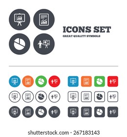 File document with diagram. Pie chart icon. Presentation billboard symbol. Supply and demand. Web buttons set. Circles and squares templates. Vector