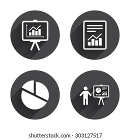 File Document With Diagram. Pie Chart Icon. Presentation Billboard Symbol. Supply And Demand. Circles Buttons With Long Flat Shadow. Vector