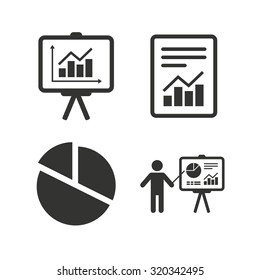 File document with diagram. Pie chart icon. Presentation billboard symbol. Supply and demand. Flat icons on white. Vector