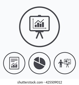 File document with diagram. Pie chart icon. Presentation billboard symbol. Supply and demand. Icons in circles.