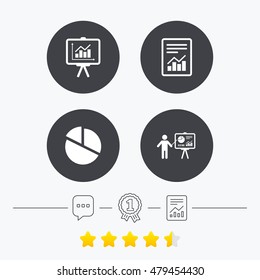 File document with diagram. Pie chart icon. Presentation billboard symbol. Supply and demand. Chat, award medal and report linear icons. Star vote ranking. Vector