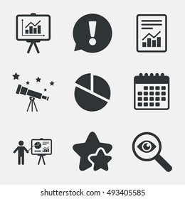 File Document With Diagram. Pie Chart Icon. Presentation Billboard Symbol. Supply And Demand. Attention, Investigate And Stars Icons. Telescope And Calendar Signs. Vector