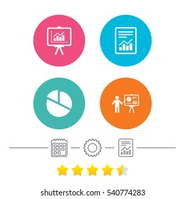 File document with diagram. Pie chart icon. Presentation billboard symbol. Supply and demand. Calendar, cogwheel and report linear icons. Star vote ranking. Vector