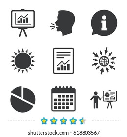 File Document With Diagram. Pie Chart Icon. Presentation Billboard Symbol. Supply And Demand. Information, Go To Web And Calendar Icons. Sun And Loud Speak Symbol. Vector