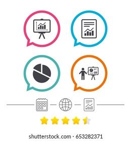 File document with diagram. Pie chart icon. Presentation billboard symbol. Supply and demand. Calendar, internet globe and report linear icons. Star vote ranking. Vector