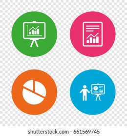 File document with diagram. Pie chart icon. Presentation billboard symbol. Supply and demand. Round buttons on transparent background. Vector