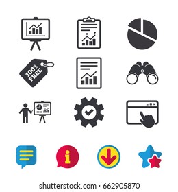 File document with diagram. Pie chart icon. Presentation billboard symbol. Supply and demand. Browser window, Report and Service signs. Binoculars, Information and Download icons. Stars and Chat