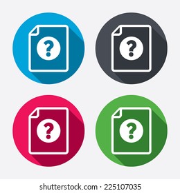 File document help icon. Question mark symbol. Circle buttons with long shadow. 4 icons set. Vector