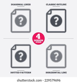 File document help icon. Question mark symbol. Diagonal and horizontal lines, classic outline, dotted texture. Pattern design icons.  Vector