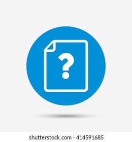File document help icon. Question mark symbol. Blue circle button with icon. Vector
