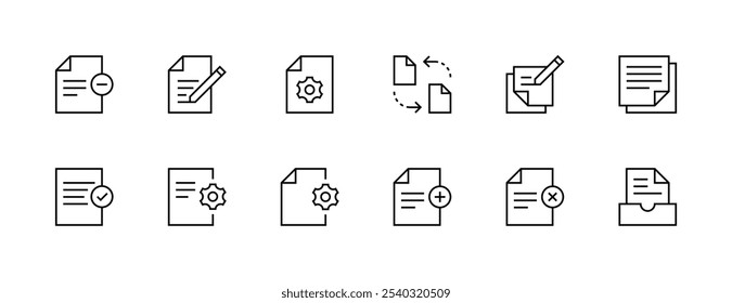 File and document icon collection. Text, edit, page, paperwork, checklist, archive, attachment, clipboard and more. Editable stroke. Pixel Perfect. Grid base 32px.