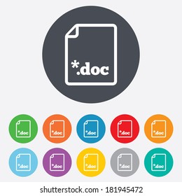 File document icon. Download doc button. Doc file extension symbol. Round colourful 11 buttons. Vector