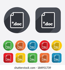File document icon. Download doc button. Doc file extension symbol. Circles and rounded squares 12 buttons. Vector