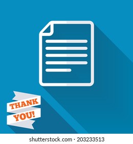 File document icon. Download doc button. Doc file symbol. White flat icon with long shadow. Paper ribbon label with Thank you text. Vector