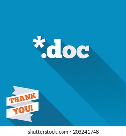 File document icon. Download doc button. Doc file extension symbol. White flat icon with long shadow. Paper ribbon label with Thank you text. Vector
