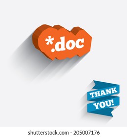 File document icon. Download doc button. Doc file extension symbol. White icon on orange 3D piece of wall. Carved in stone with long flat shadow. Vector