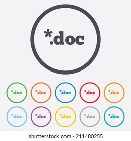 File document icon. Download doc button. Doc file extension symbol. Round circle buttons with frame. Vector