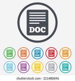 File document icon. Download doc button. Doc file symbol. Round circle buttons with frame. Vector