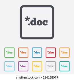 File document icon. Download doc button. Doc file extension symbol. Round squares buttons with frame. Vector