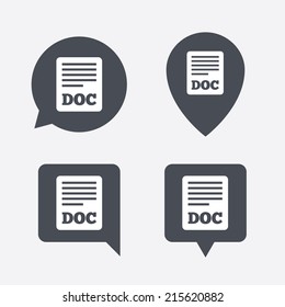 File document icon. Download doc button. Doc file symbol. Map pointers information buttons. Speech bubbles with icons. Vector