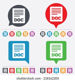 File document icon. Download doc button. Doc file symbol. Speech bubbles information icons. 24 colored buttons. Vector