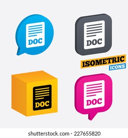 File document icon. Download doc button. Doc file symbol. Isometric speech bubbles and cube. Rotated icons with edges. Vector