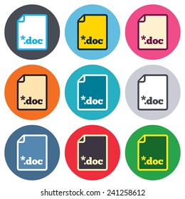 File document icon. Download doc button. Doc file extension symbol. Colored round buttons. Flat design circle icons set. Vector