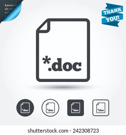 File document icon. Download doc button. Doc file extension symbol. Circle and square buttons. Flat design set. Thank you ribbon. Vector