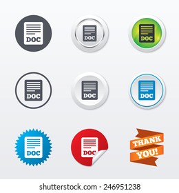 File document icon. Download doc button. Doc file symbol. Circle concept buttons. Metal edging. Star and label sticker. Vector