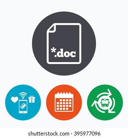 File document icon. Download doc button. Doc file extension symbol. Mobile payments, calendar and wifi icons. Bus shuttle.