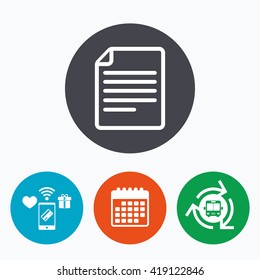 File document icon. Download doc button. Doc file symbol. Mobile payments, calendar and wifi icons. Bus shuttle.