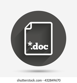 File document icon. Download doc button. Doc file extension symbol. Circle flat button with shadow. Vector