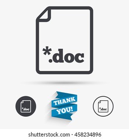 File document icon. Download doc button. Doc file extension symbol. Flat icons. Buttons with icons. Thank you ribbon. Vector